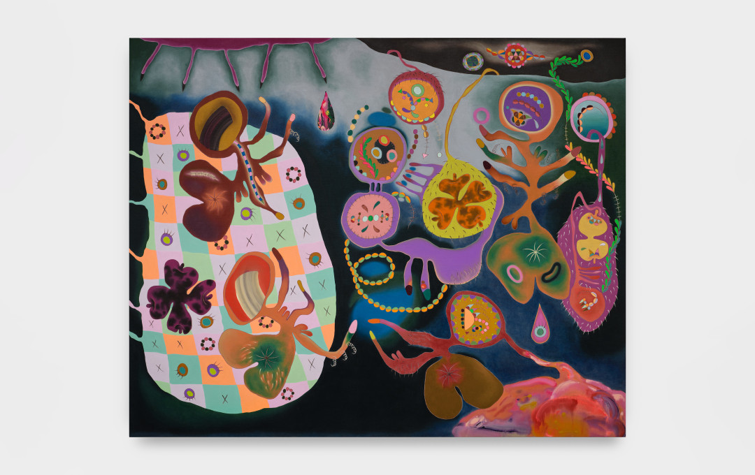 An abstracted anthropomorphic landscape of colorful interconnected forms.