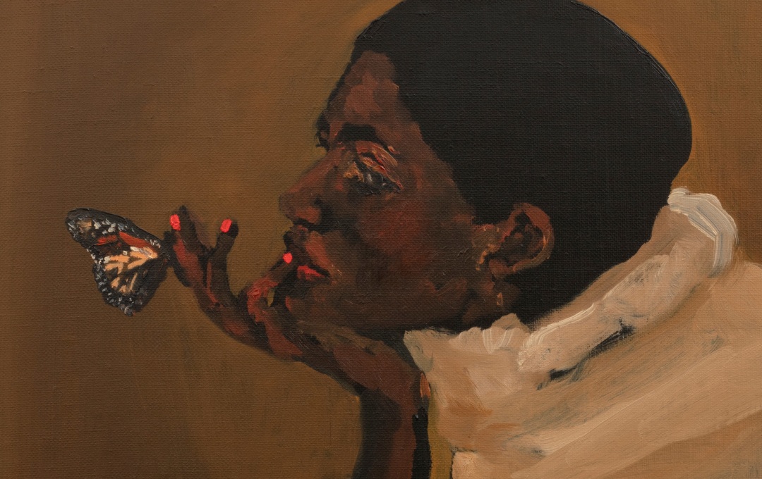 Detail of a painting by Danielle Mckinney showing a Black woman in profile as she gazes to one side. She rests her chin on her upturned palm, and a monarch butterfly appears to rest on one of her fingers. Her fingernails are painted a bright red color.