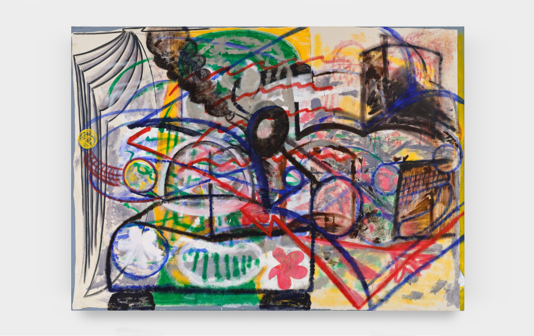 A painting of a blue car driving towards the viewer with abstracted yellow lightning and floral clouds.