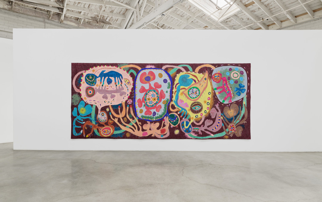 An abstracted anthropomorphic landscape of colorful interconnected forms.