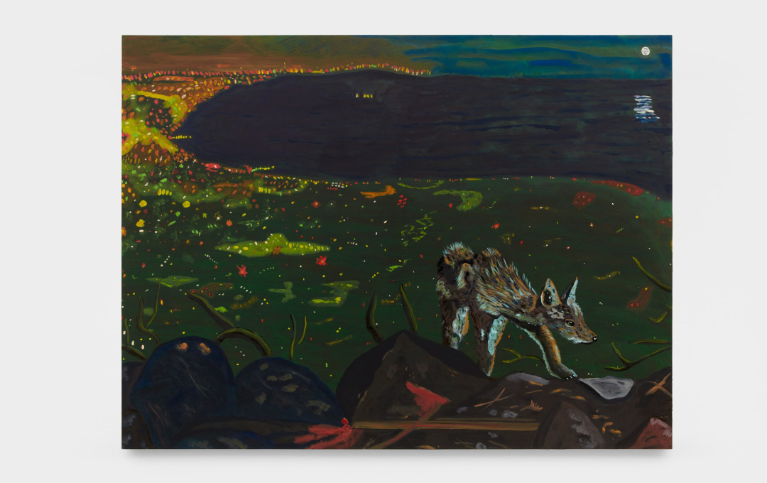 Oil painting on canvas by Marcel Alcalá titled "En La Calle Somos Unidos," 2023. It shows a coyote in the foreground with the lights of Los Angeles in the background.