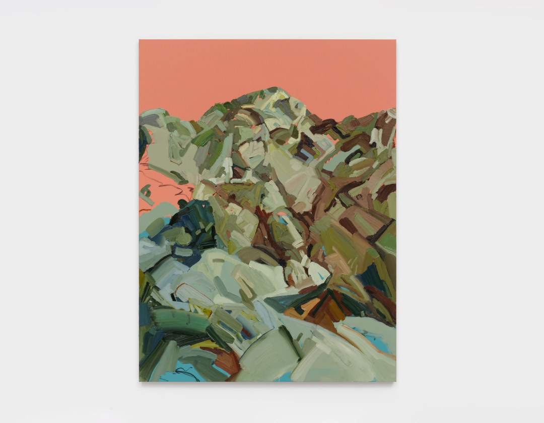 A painting by Andy Woll of a mountain rendered in thick green hues with the figure of a girl abstractly present in the form.
