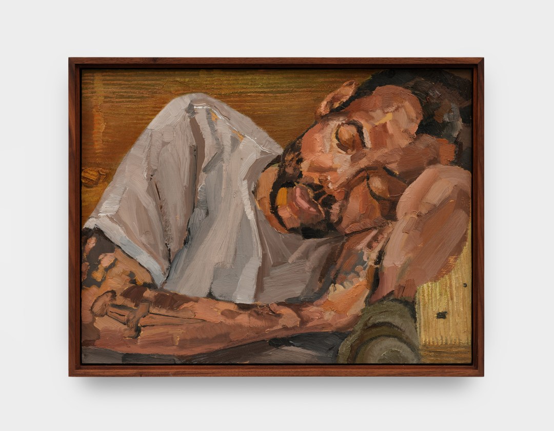 A painting by Andy Woll of a man sleeping