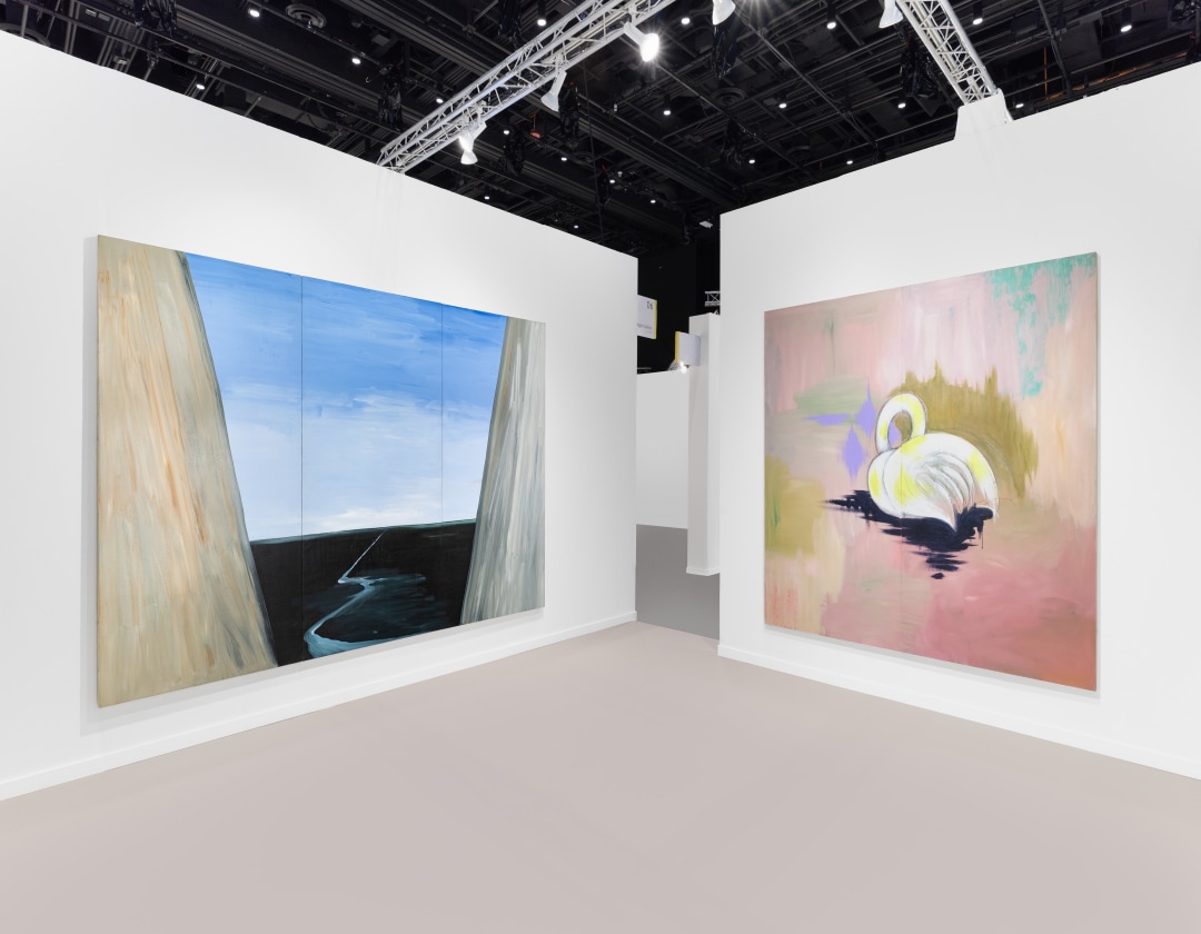 A three panel painting on plywood depicting a blue sky and a winding river formation between two mountainous rock faces. 