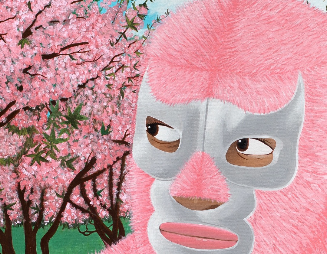 Detail of a painting by Lee Moriarty of a figure in a pink mink Luchador mask and matching suit in a field of cherry blossoms.