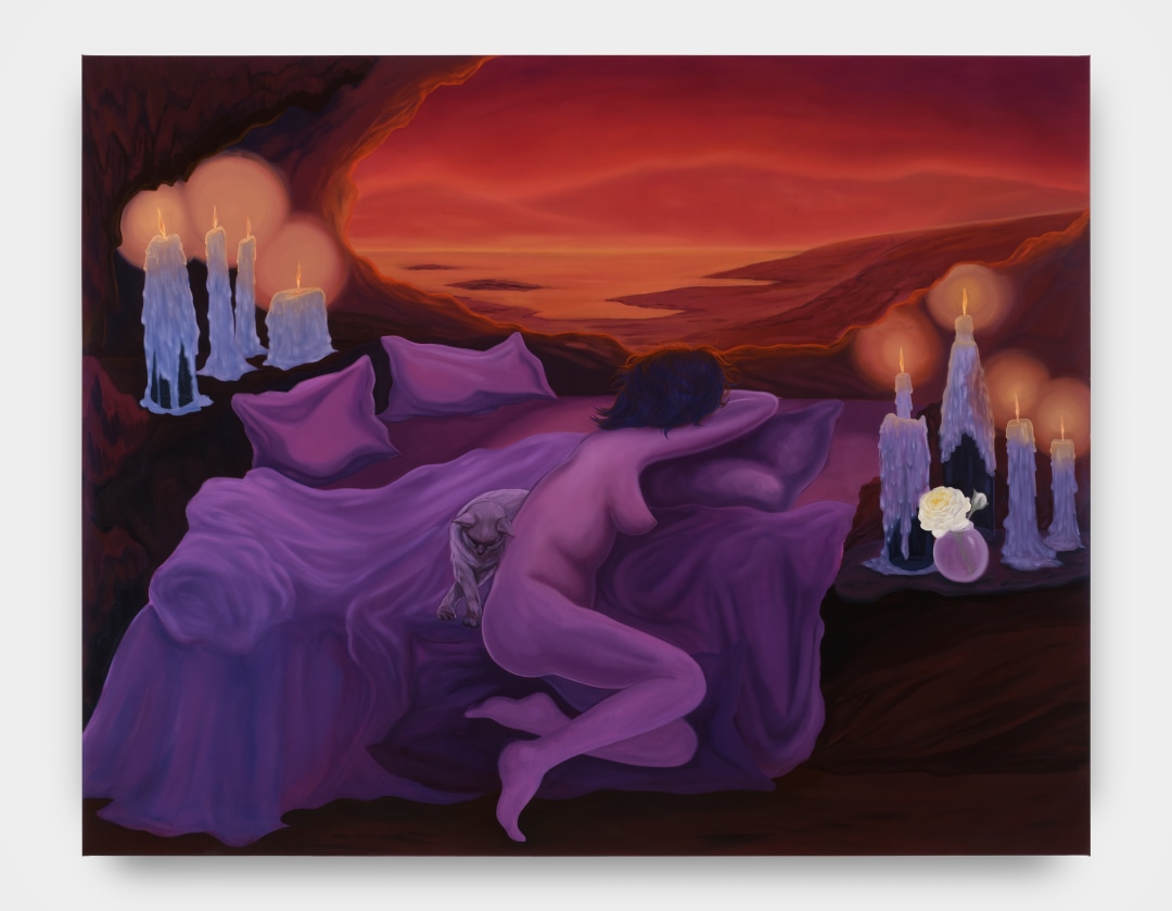 A painting by Bambou Gili depicting a woman lain on purple sheets and pillows surrounded by candles within a red desert landscape.
