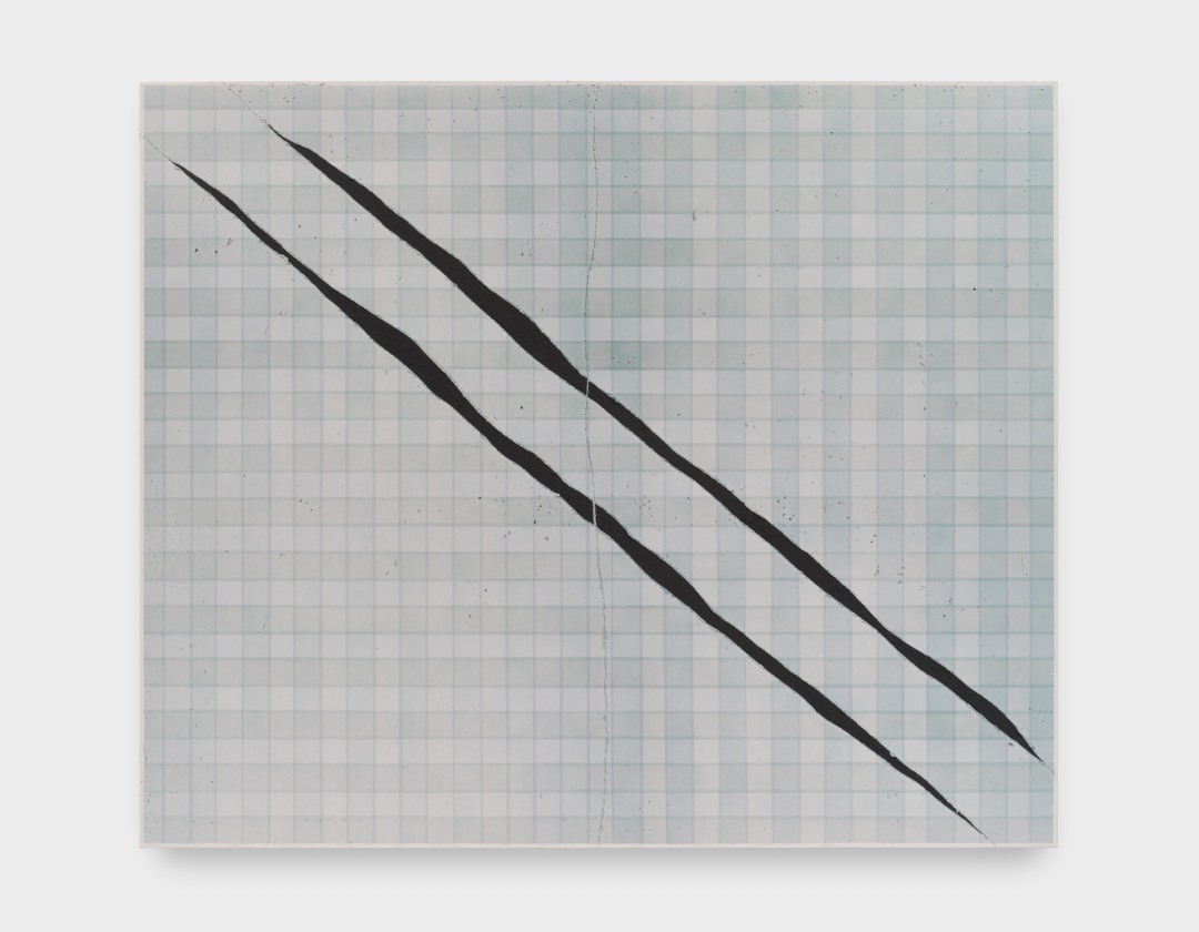 A painting by Claire Colette of a pale blue grid pattern with two black painted slash marks across the canvas.