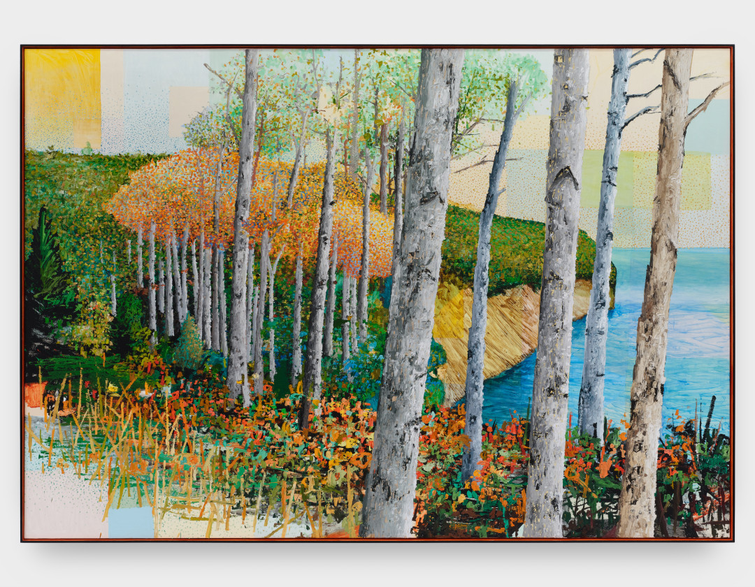 A painting by Ross Caliendo of birch trees along an ocean's cliffside.