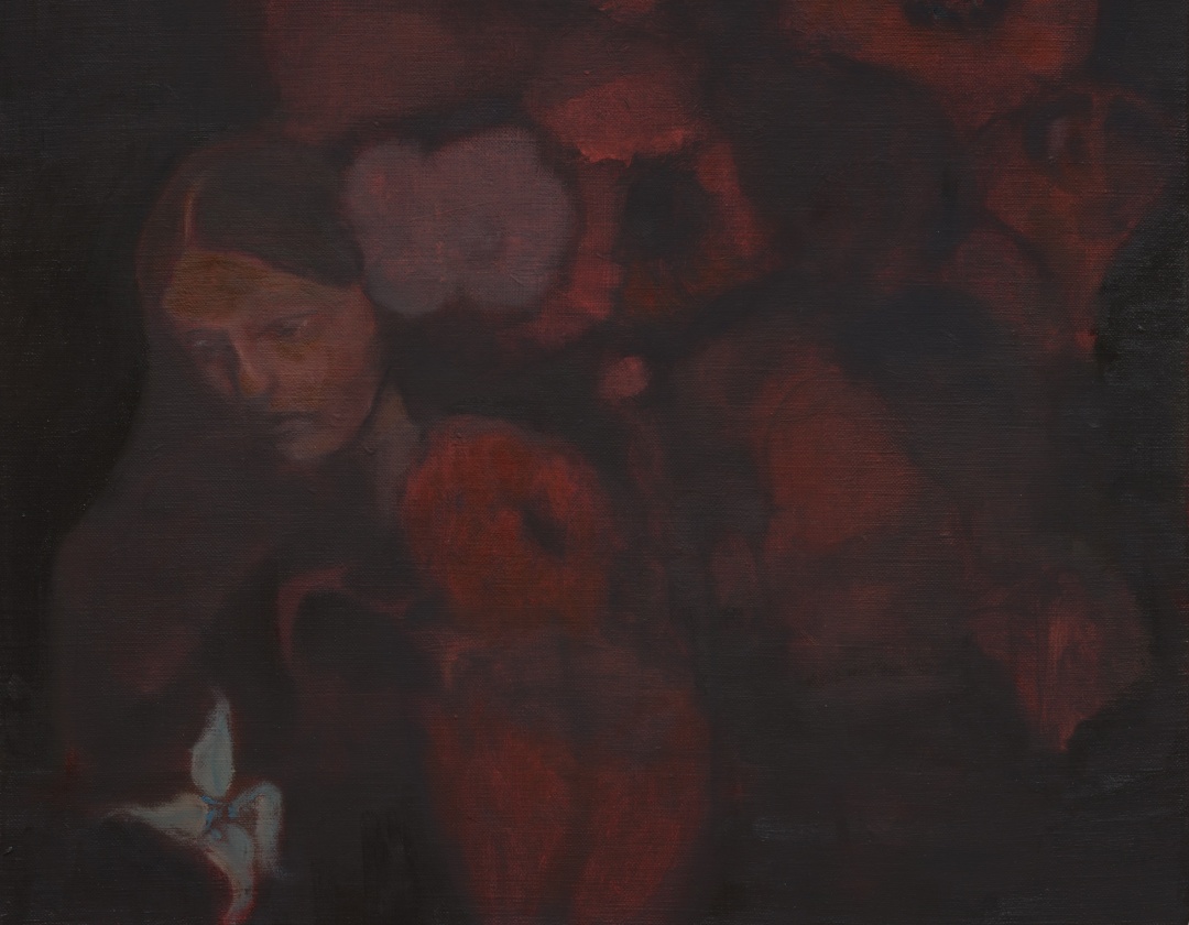 A painting by Darby Milbrath of a figure with long hair sleeping