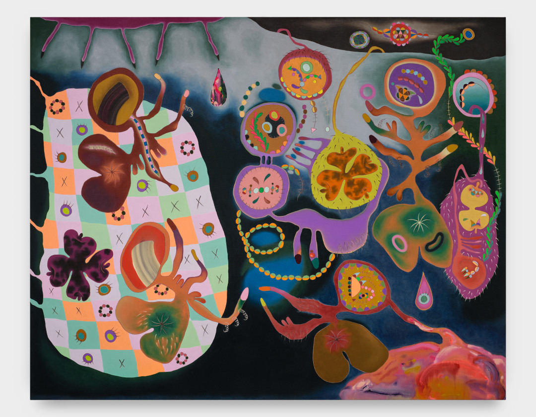 A painting by Nasim Hantehzadeh of colorful anthropomorphic intestinal shapes and patterns. 