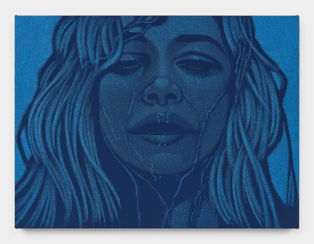 A blue oil pastel painting of a woman with streams of liquid running down her face. 