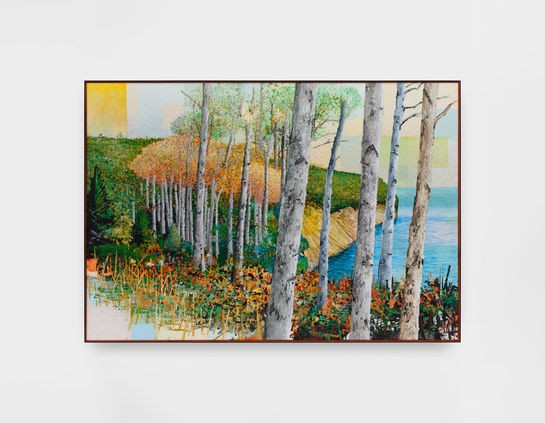 A painting by Ross Caliendo of birch trees along an ocean's cliffside.