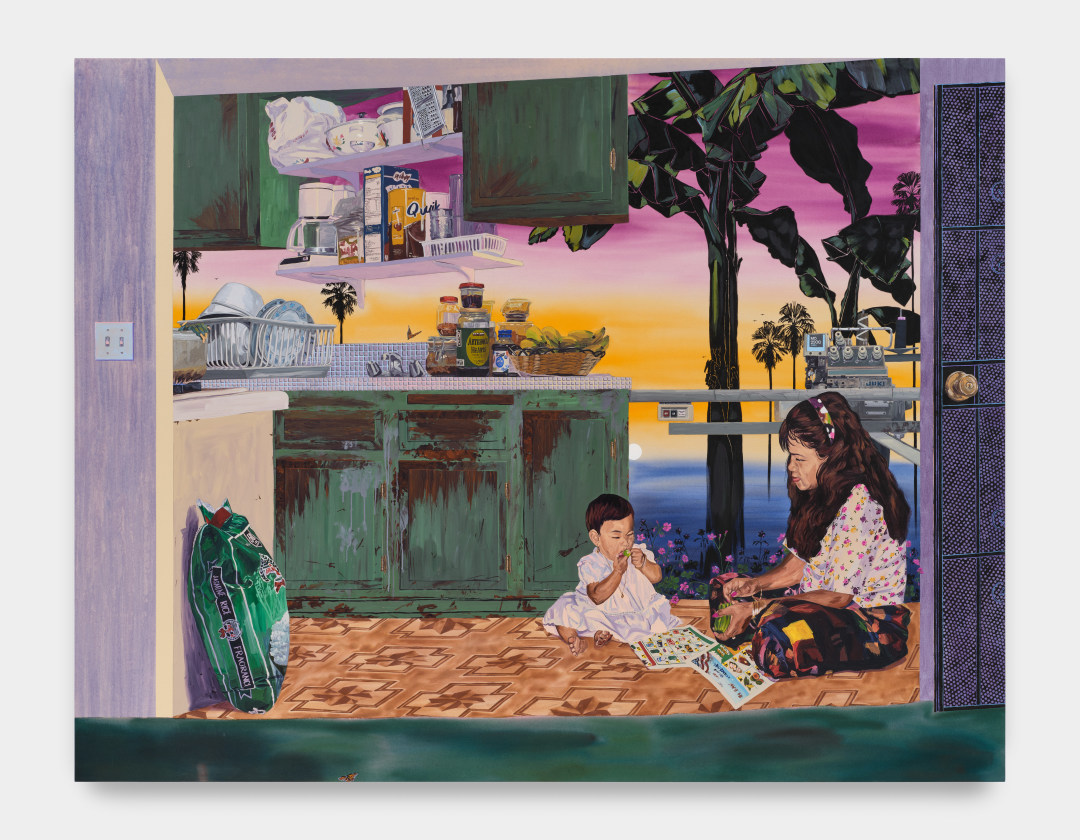 A painting by Tidawhitney Lek of a young woman and a baby sitting on the floor of a kitchen with a sunset sky as the walls of the room.