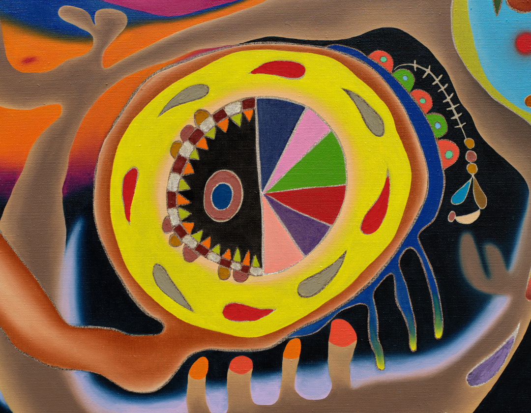 A painting by Nasim Hantehzadeh of colorful anthropomorphic intestinal shapes and patterns. 