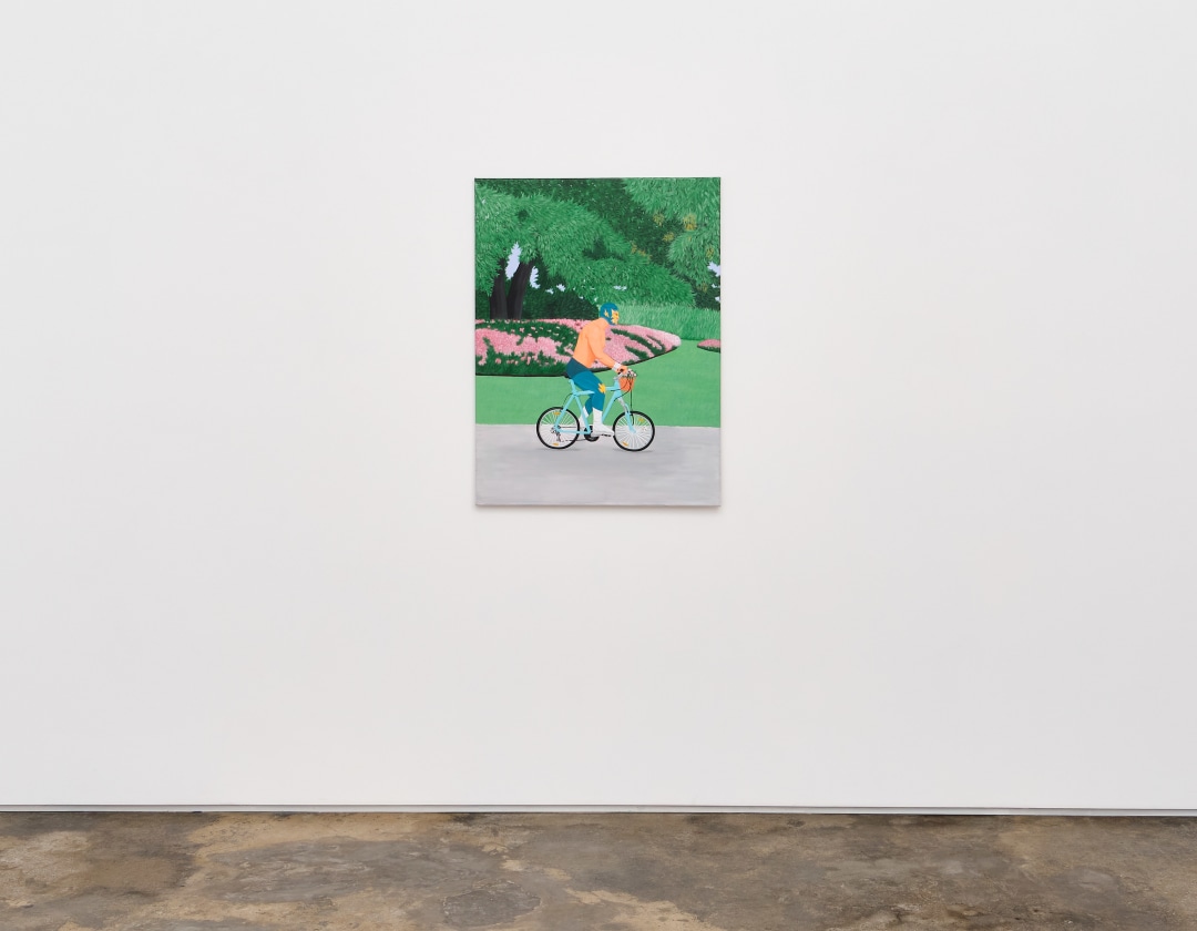 Detail of the installation featuring one painting by Lee Moriarty of a figure on a bicycle ridding through a park