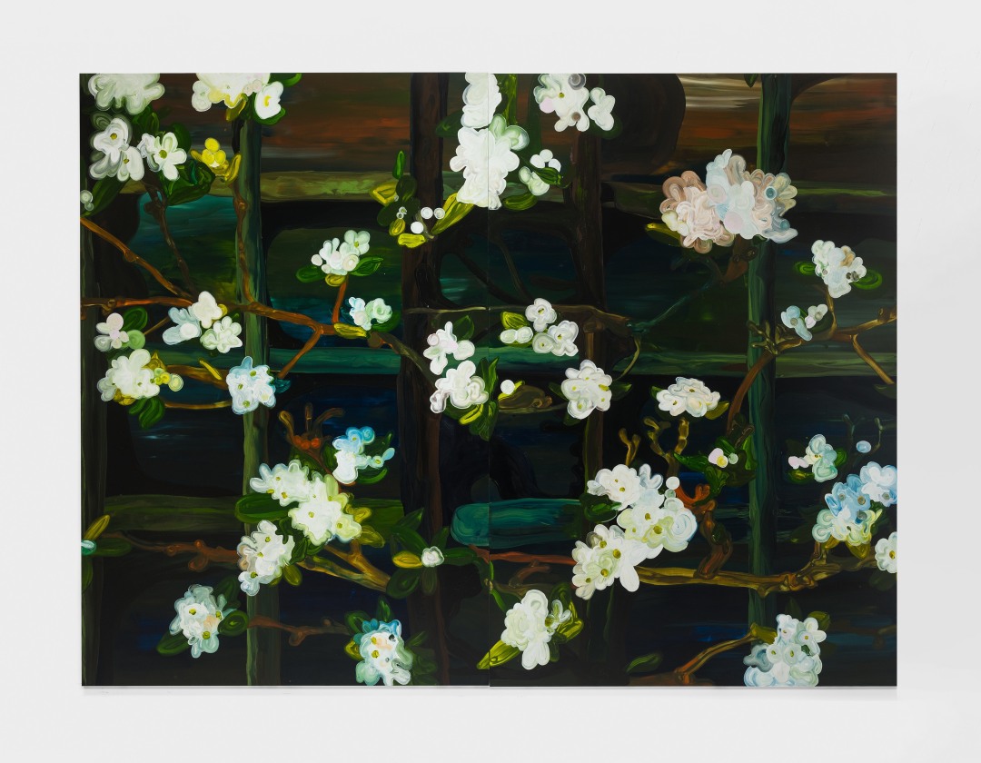 An oil painting of a vine on a trellis with white blooming flowers. 