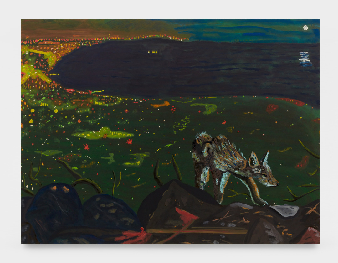 Oil painting on canvas by Marcel Alcalá titled "En La Calle Somos Unidos," 2023. It shows a coyote in the foreground with the lights of Los Angeles in the background.