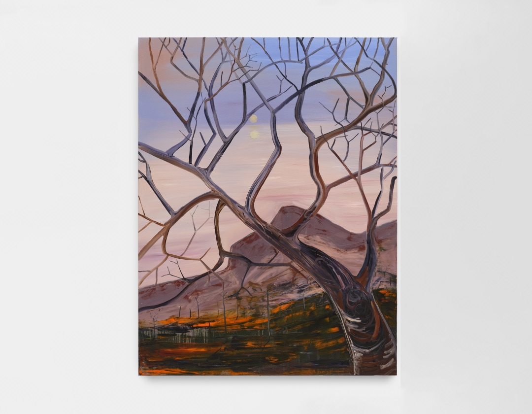 A painting depicting a barren tree in the foreground and smoldering hills in the background.