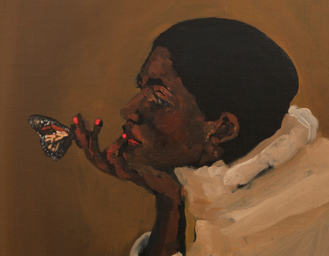 Detail of a painting showing a Black woman in profile as she gazes to one side. She rests her chin on her upturned palm, and a monarch butterfly appears to rest on one of her fingers. Her fingernails are painted a bright red color.