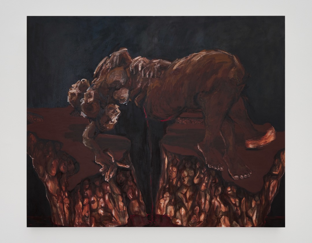 A painting of nude bodies intertwined suspended between two rock formations. 