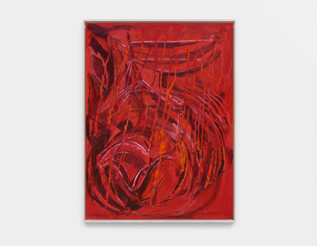 An oil stick painting of an abstracted number "5" in deep red hues. 