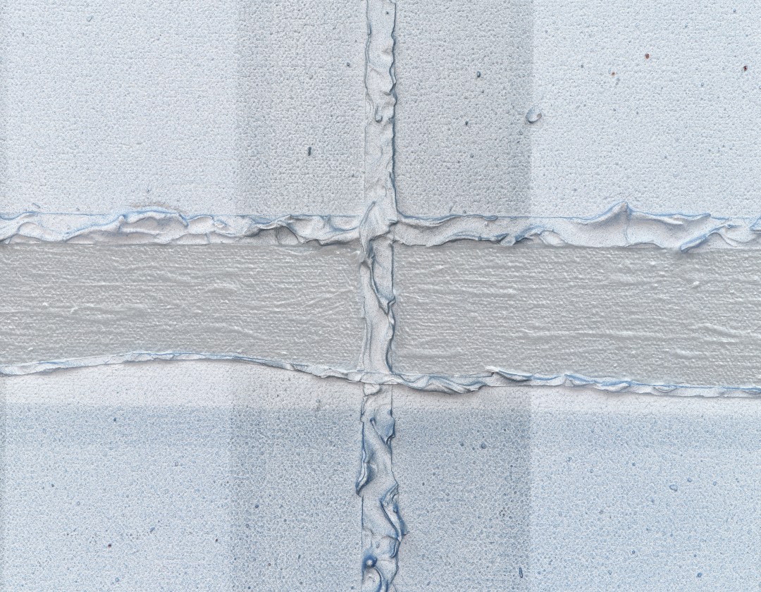 A painting by Claire Colette of a pale blue grid pattern with two black painted slash marks across the canvas.
