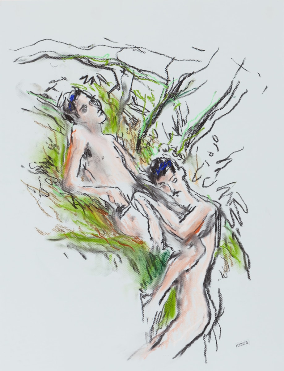 Drawing of two men in forest by Richard Haines