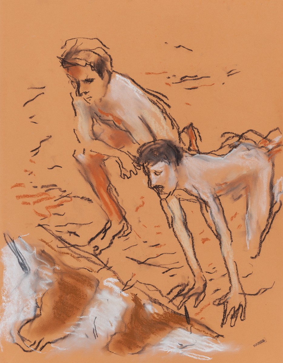 Drawing of two men on beach by Richard Haines