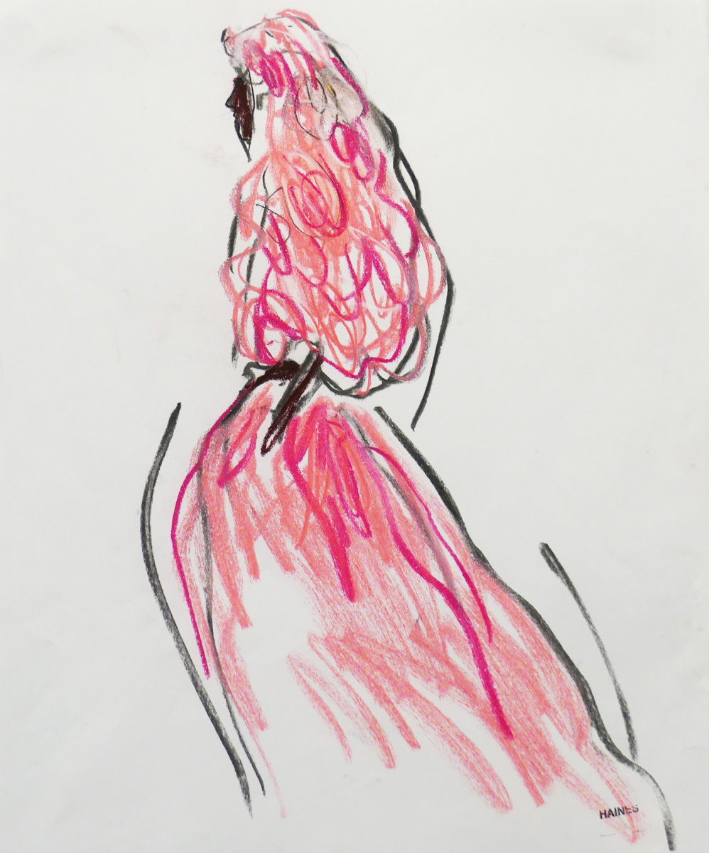 Drawing of woman in pink gown by Richard Haines