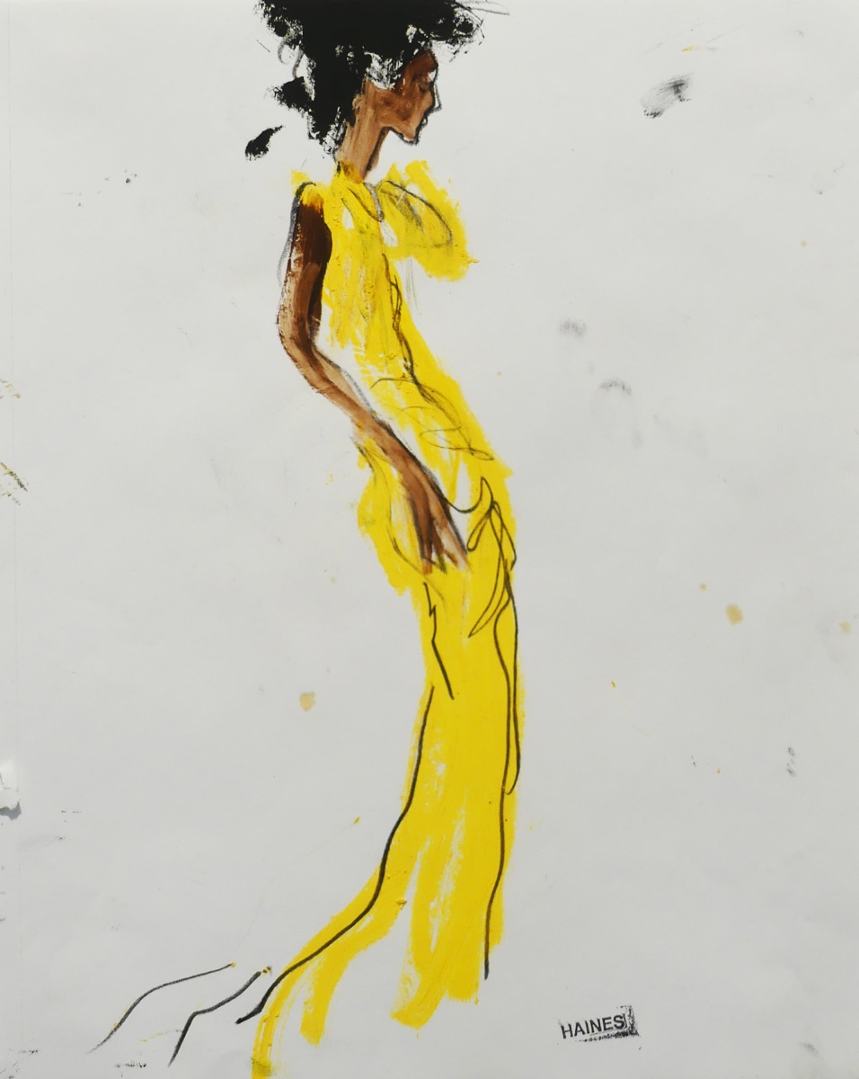 Drawing of thin woman in yellow gown by Richard Haines