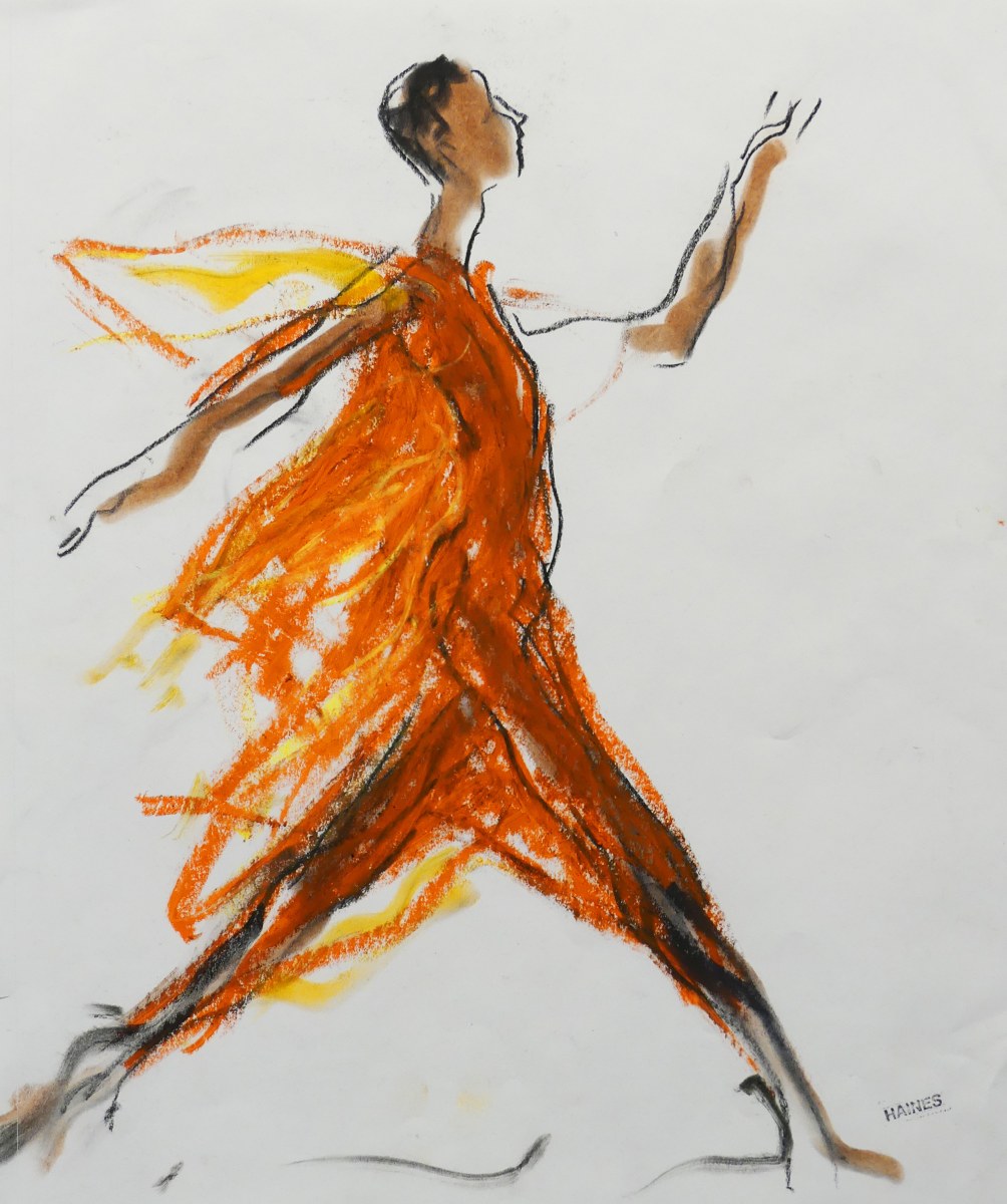 Drawing of woman in orange gown by Richard Haines