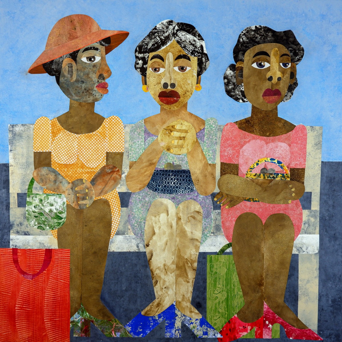 Evita Tezeno, All I Want is You, mixed media collage of three Black woman sitting at a bus stop