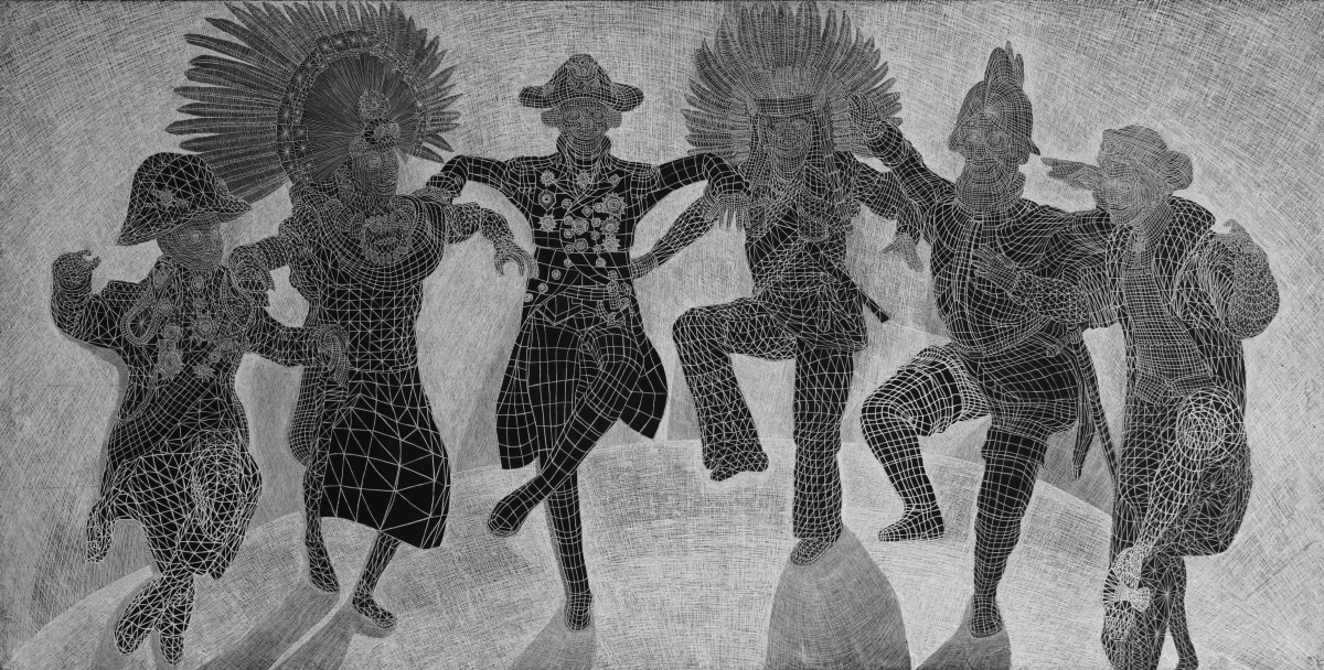 A black and white drawing made of small line work and grids of Native Americans, conquistadors, and colonizers dancing together.