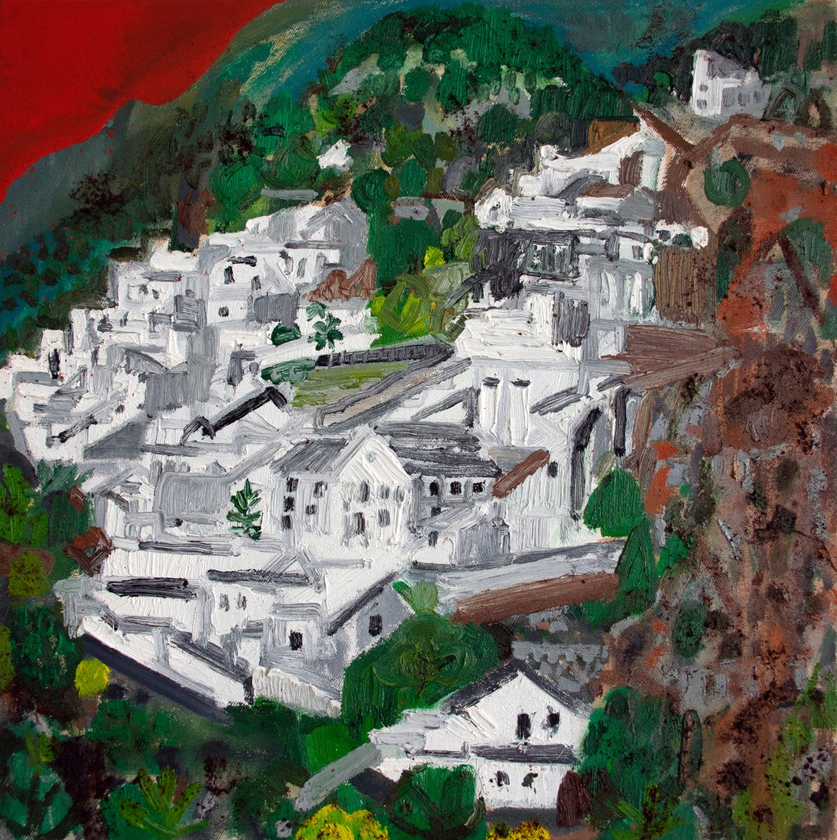Oil paintings of white buildings ingrained into the side of a mountain