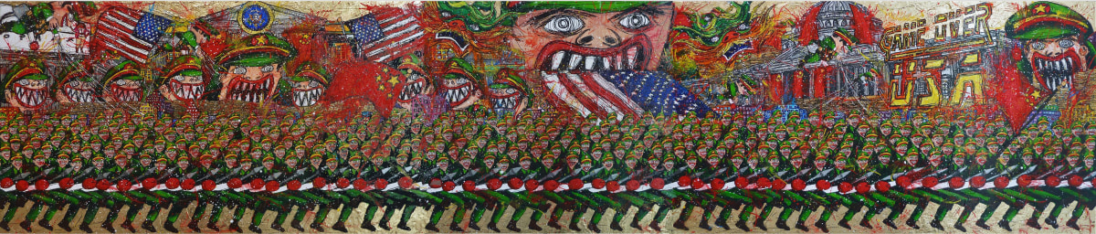 Federico Solmi Chinese Democracy Parade (Tyrant Devouring USA Flag), 2012 Acrylic, ink, gold leaf on paper mounted on wood panel 19.5 x 92 in.