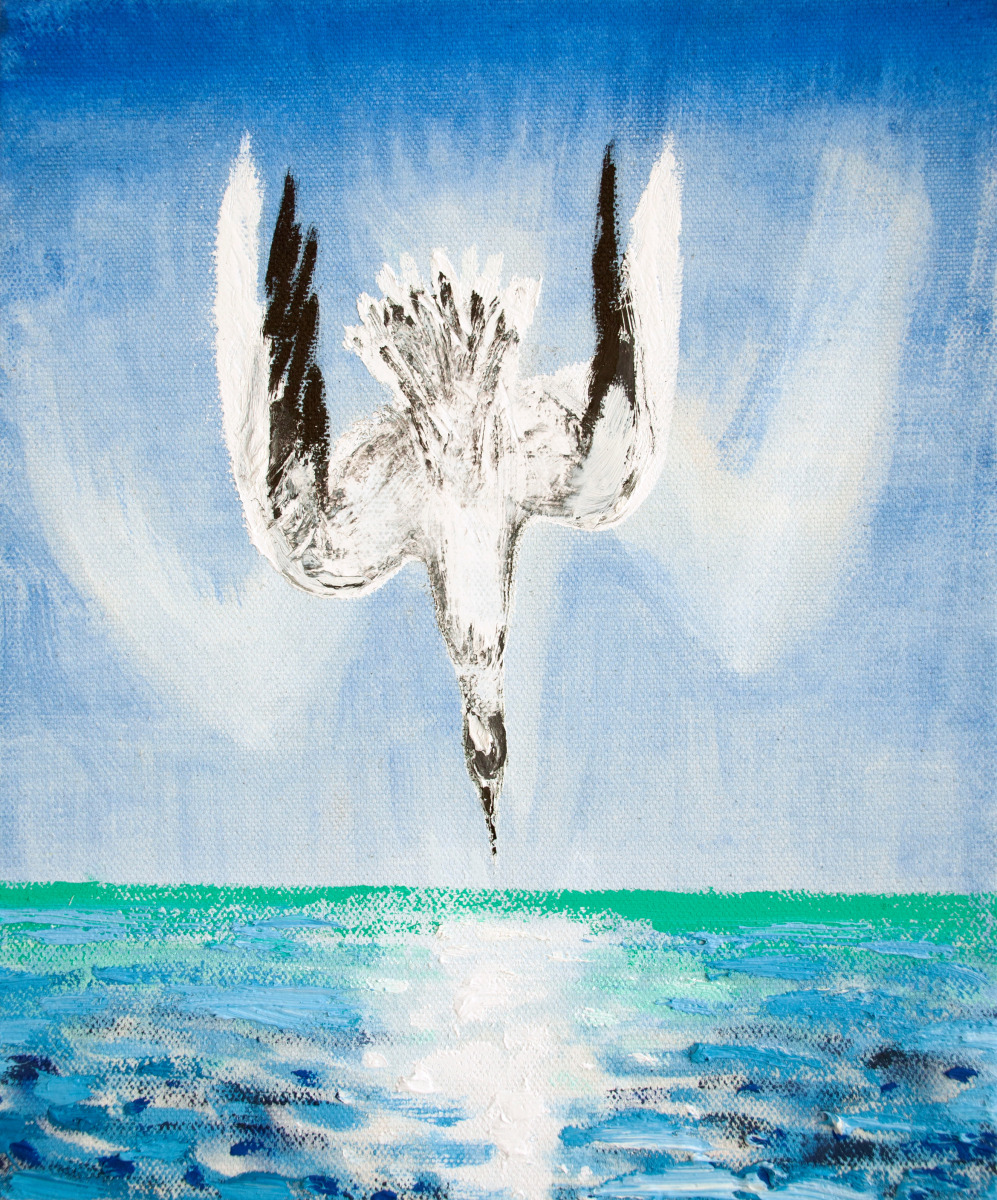 Oil painting of a bird diving into the ocean