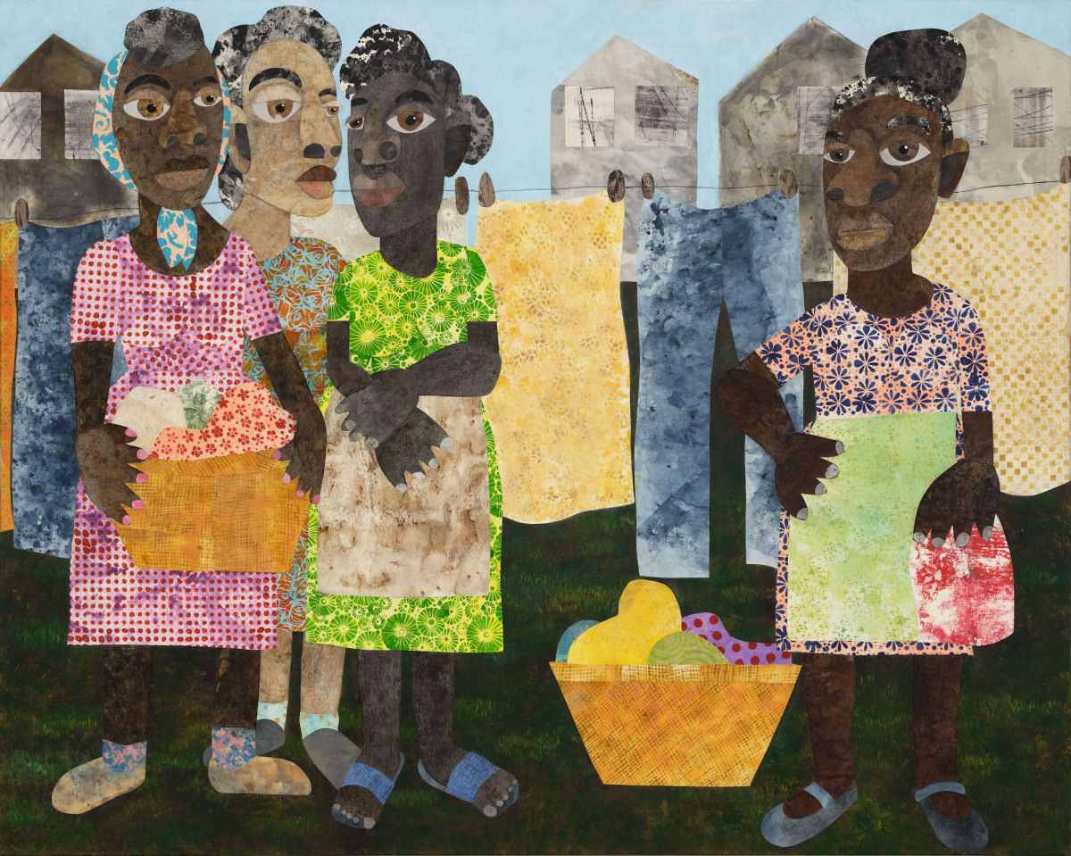 Evita Tezeno, Clothesline Chit Chat, 2022, Mixed media collage and acrylic on canvas, 48 x 60 in.
