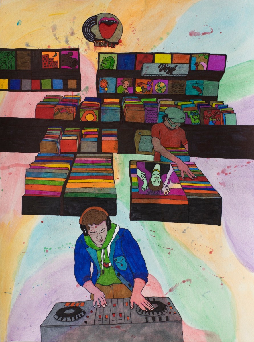 Karla Diaz, Lengua (Tongue) Record Store, 2021, Watercolor and ink on paper, 20 x 15 in.