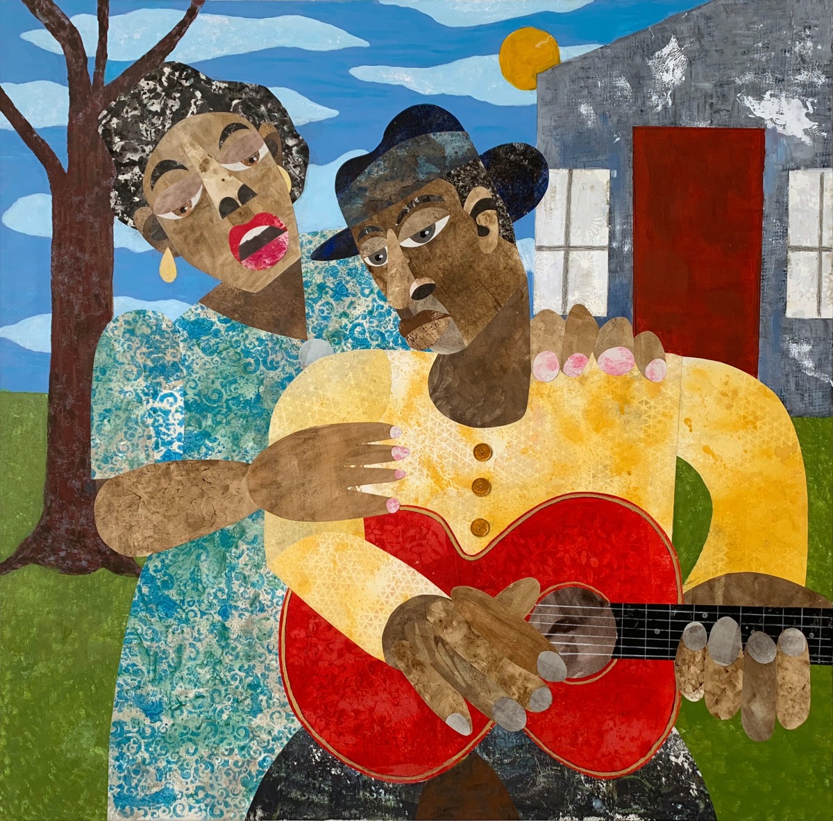 Evita Tezeno, Downhearted Blues, 2021, Acrylic and mixed media collage on canvas, 48 x 48 in.