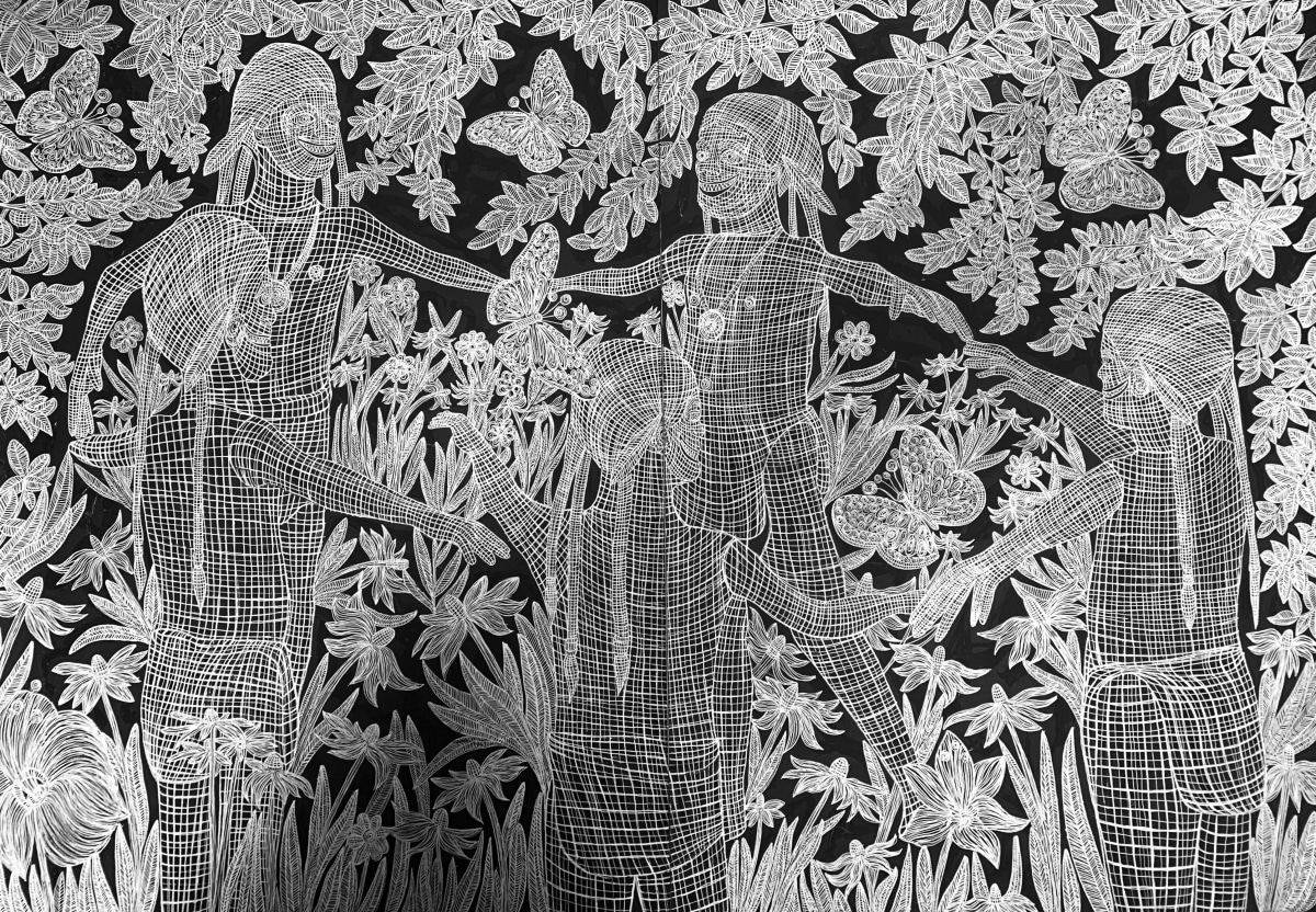 A black and white drawing of five Native Americans holding hands in a circle surrounded by nature and butterflies.