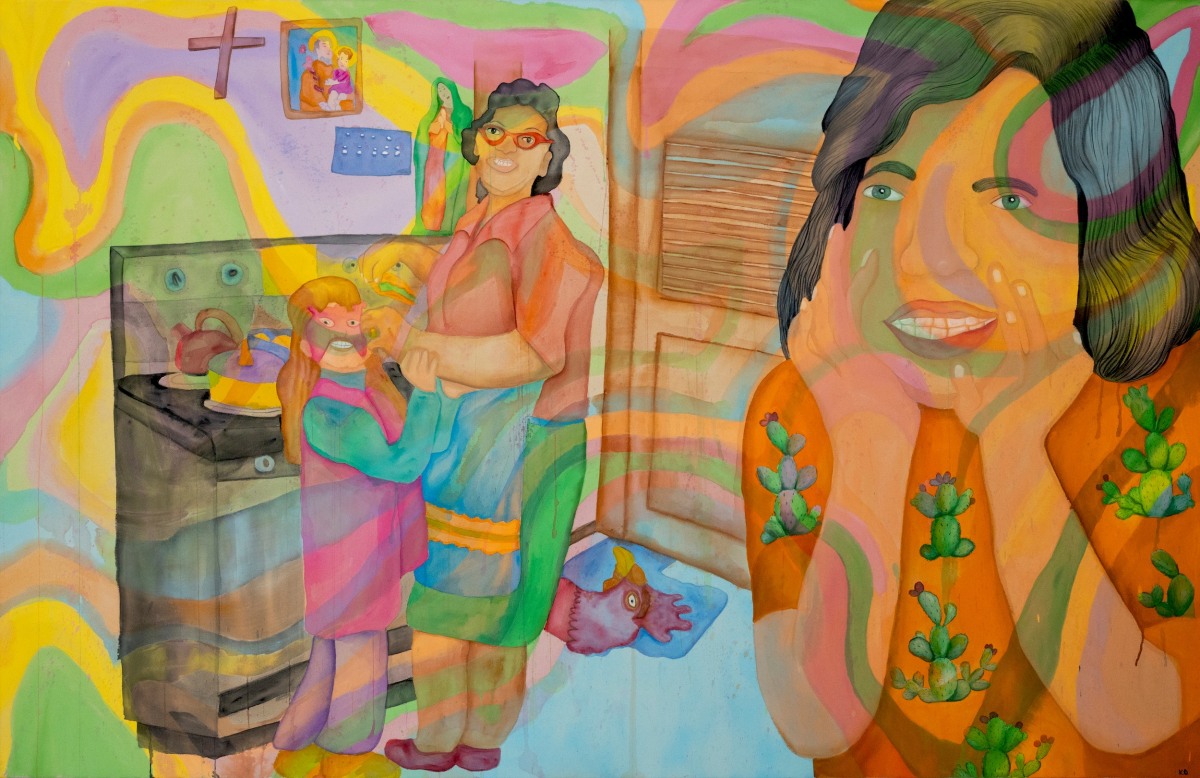 Karla Diaz, Lucha in Mom's Kitchen II, 2022, Acrylic on canvas, 55 x 85 in.