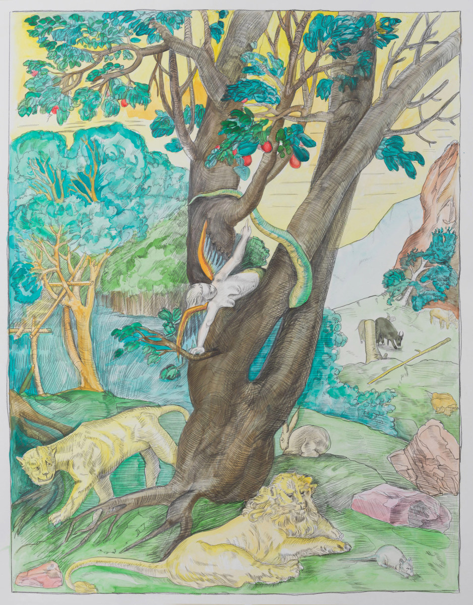 Ken Gonzales-Day, Untitled (After Theodore de Bry, Adam and Eve, America, Plate 1, V. 1, 1590-1603), 2021, Color pencil and archival ink on rag paper, 33.5 x 25.25 in.