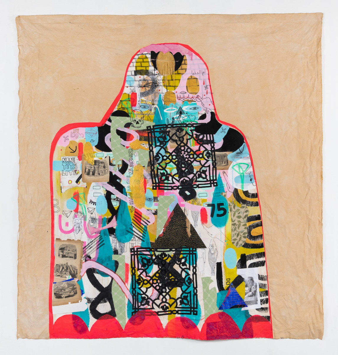 Jackie Milad, Stolen, 2021, Mixed media on hand dyed canvas collage, 69 x 64.5 in.