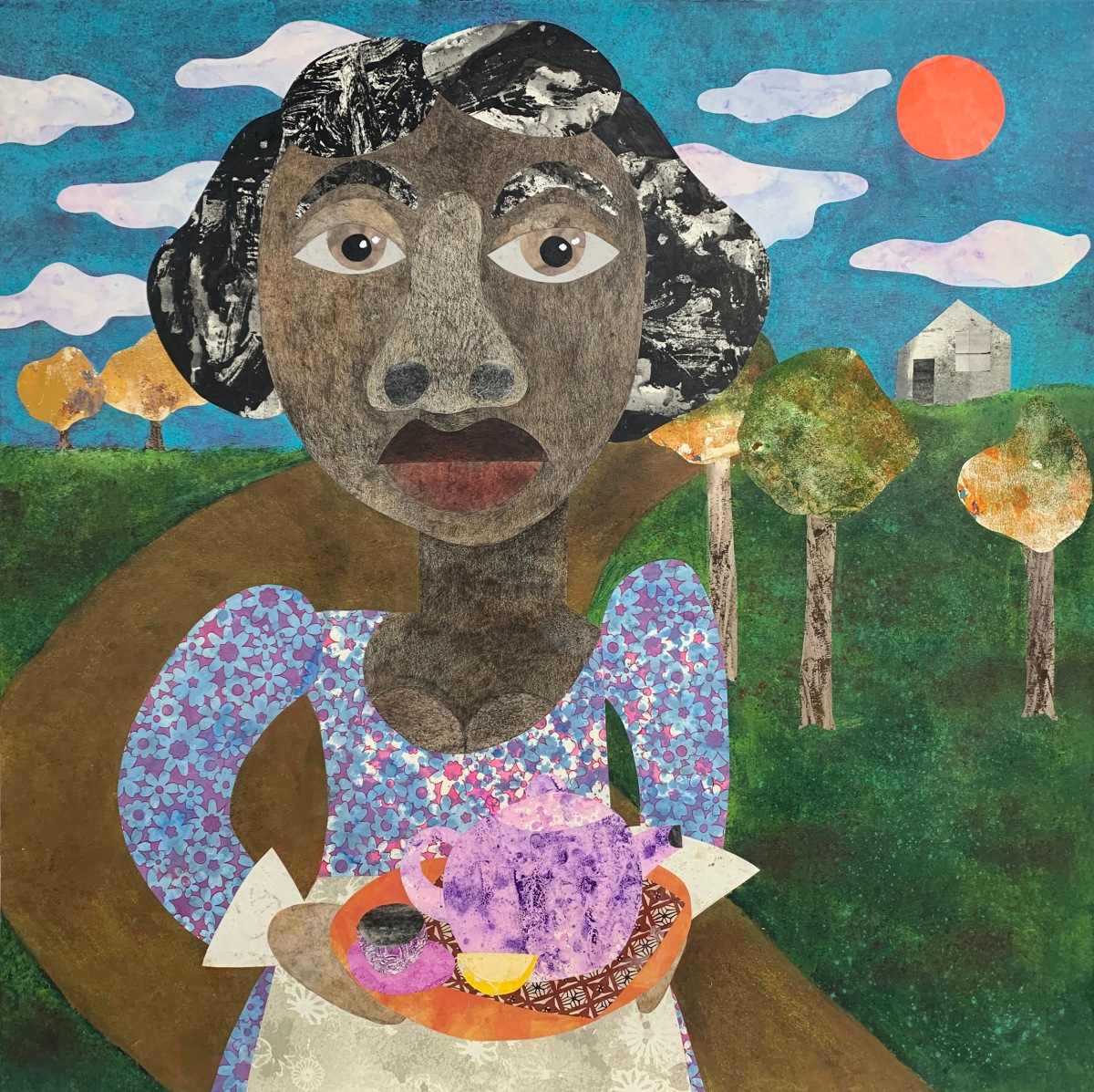 Evita Tezeno, Sugar Honey, Hot Tea, 2022, Acrylic and mixed media collage on canvas, 36 x 36 in.