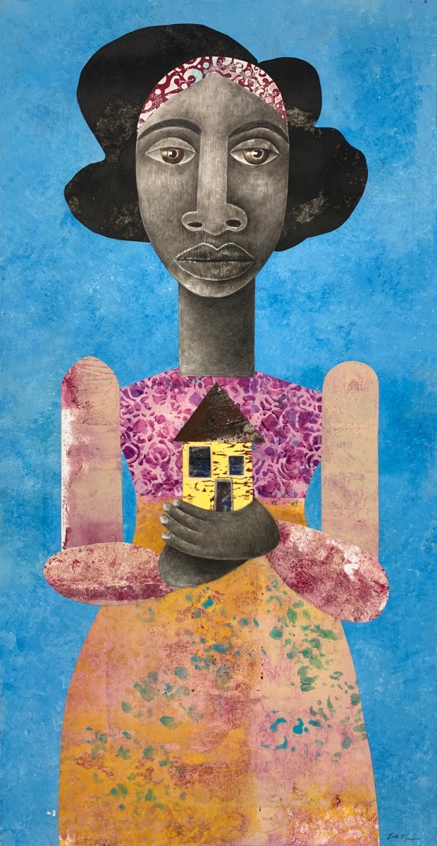 Evita Tezeno, Shelter in Place, 2021, Mixed media collage on ragboard, 40 x 20 in.