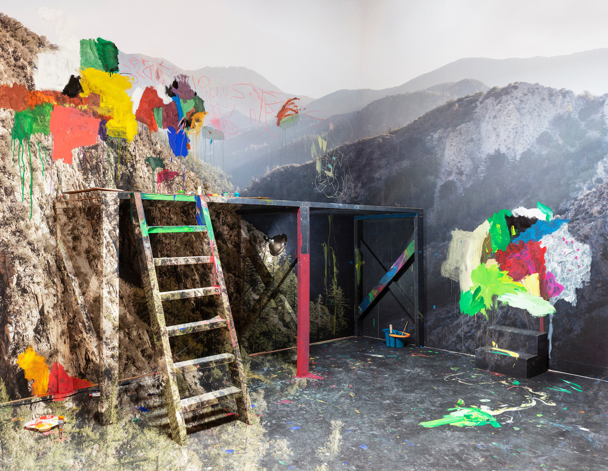 Photograph of a landscape with paint overlay sculpted within the perspective of a space with a platform and ladder
