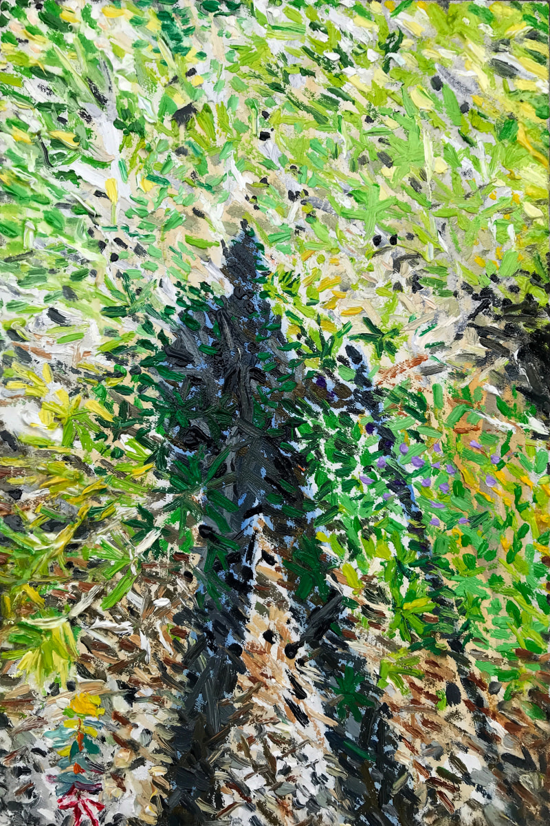 Oil painting of a hiker's shadow