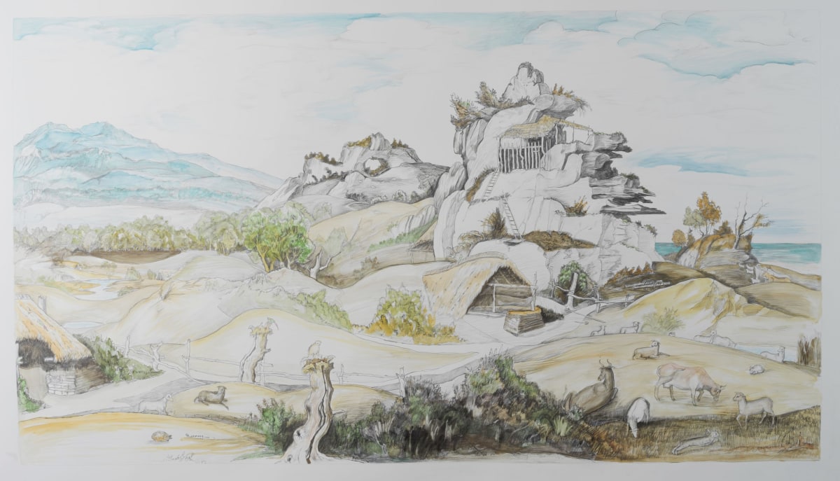 Ken Gonzales-Day, Untitled (After Jan Jansz, Landscape with an Episode from the Conquest of America, c.1535 (Rijksmuseum)), 2021, Pencil, watercolor, and archival ink on rag paper, 33.5 x 60 in.