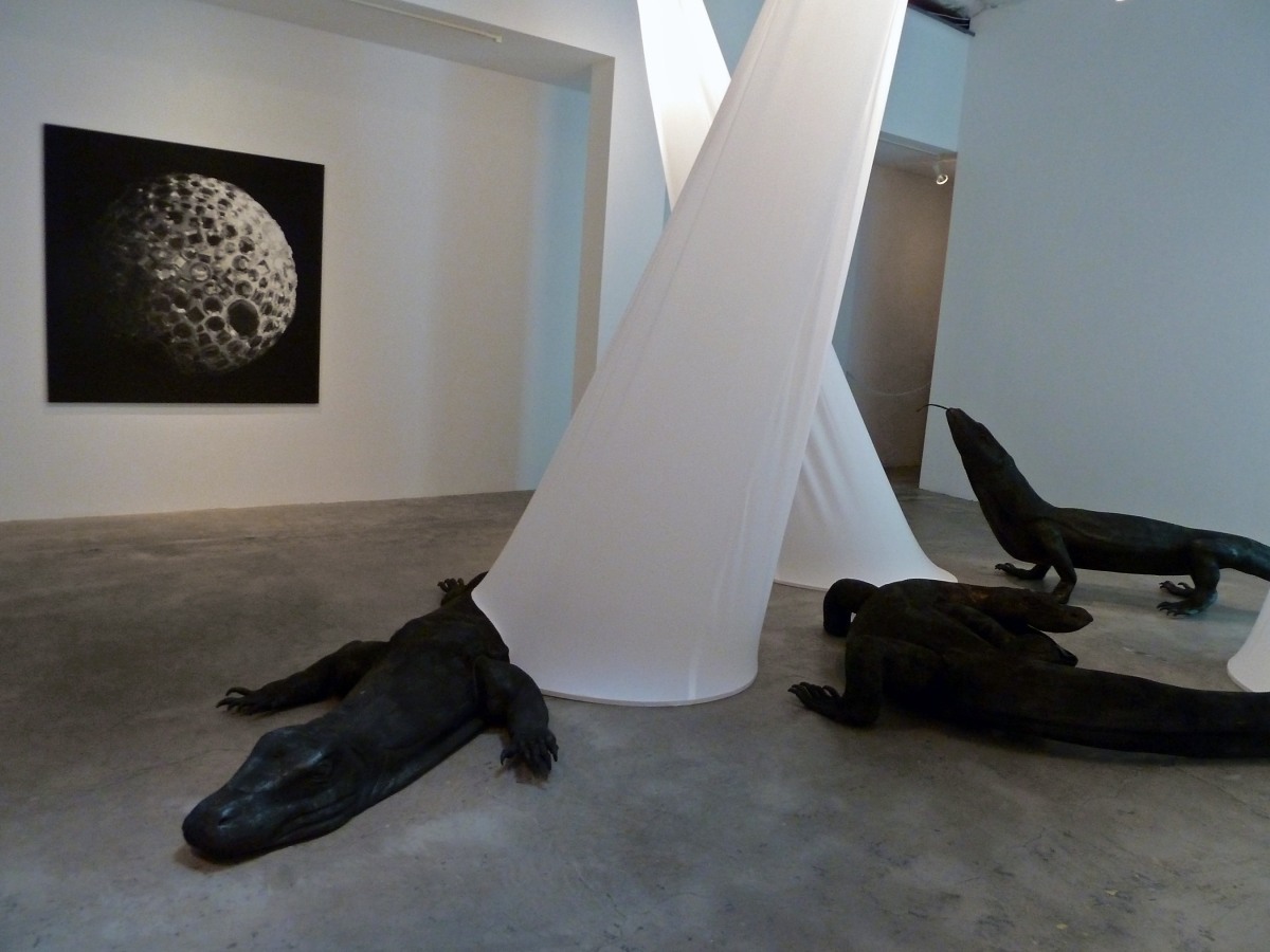Installation View of Marisol Rend&oacute;n: So, Dragons Do Exist?  2013 Wood, fabric, lighting Variable dimensions.