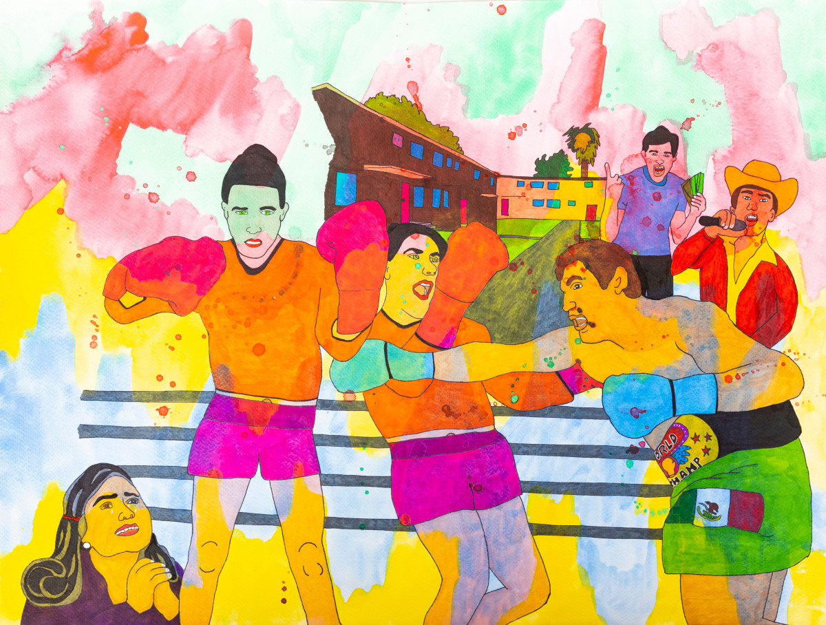 A watercolor painting by Karla Diaz where she has depicted herself boxing with Oscar De La Hoya